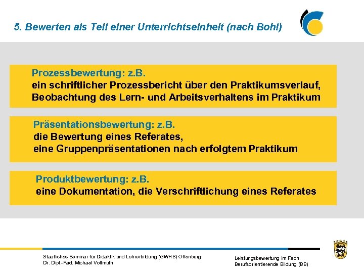 5. Bewerten als Teil einer Unterrichtseinheit (nach Bohl) Prozessbewertung: z. B. ein schriftlicher Prozessbericht