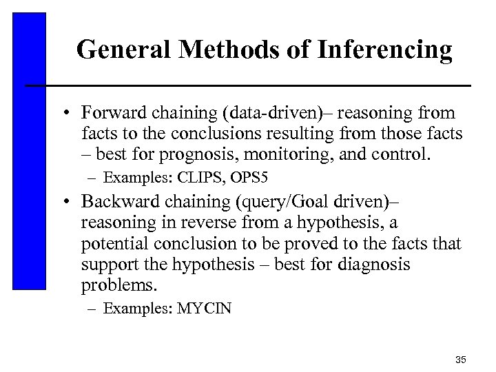 General Methods of Inferencing • Forward chaining (data-driven)– reasoning from facts to the conclusions