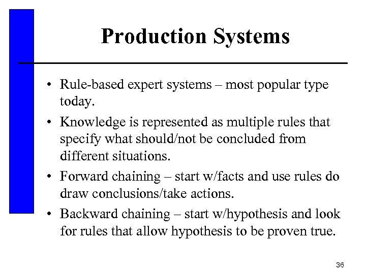 Production Systems • Rule-based expert systems – most popular type today. • Knowledge is