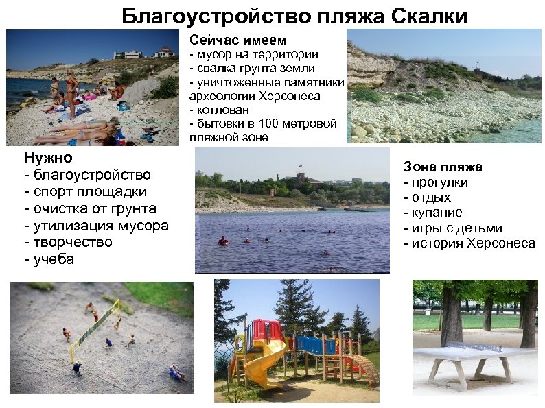 Благоустройство пляжа Скалки Сейчас имеем - мусор на территории - свалка грунта земли -