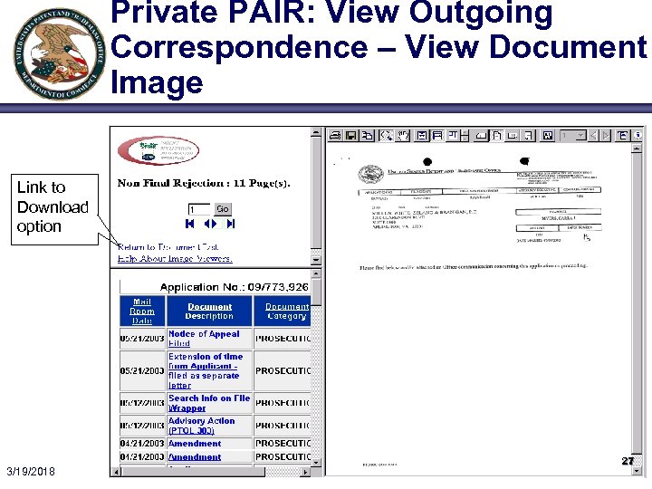 Private PAIR: View Outgoing Correspondence – View Document Image Link to Download option 3/19/2018