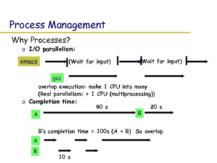 Process Management Why Processes? o I/O parallelism: emacs (Wait for input) gcc o overlap