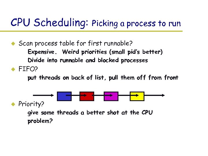 CPU Scheduling: u Picking a process to run Scan process table for first runnable?