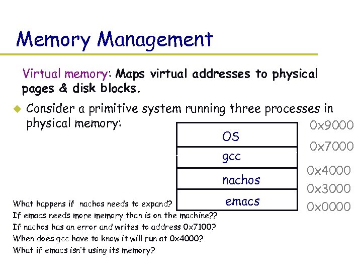 Memory Management Virtual memory: Maps virtual addresses to physical pages & disk blocks. Consider