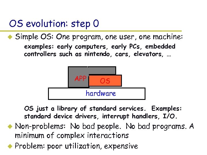 OS evolution: step 0 u Simple OS: One program, one user, one machine: –