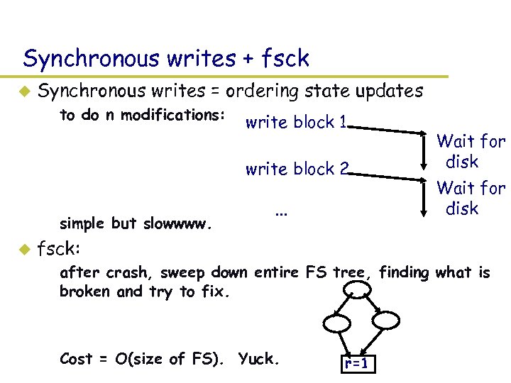 Synchronous writes + fsck u Synchronous writes = ordering state updates – to do
