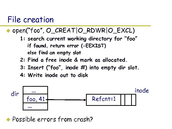 File creation u open(“foo”, O_CREAT|O_RDWR|O_EXCL) – 1: search current working directory for “foo” »