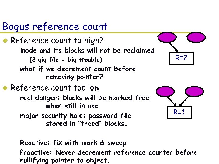 Bogus reference count u Reference count to high? – inode and its blocks will