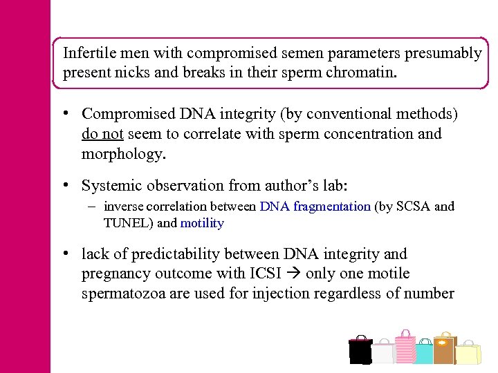 Infertile men with compromised semen parameters presumably present nicks and breaks in their sperm