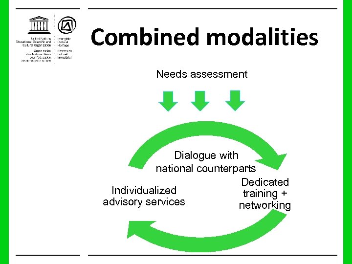 Combined modalities Needs assessment Dialogue with national counterparts Dedicated Individualized training + advisory services