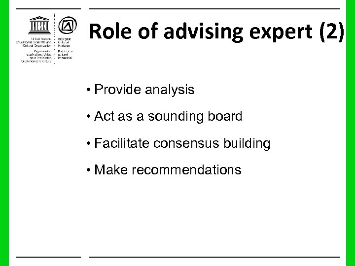 Role of advising expert (2) • Provide analysis • Act as a sounding board