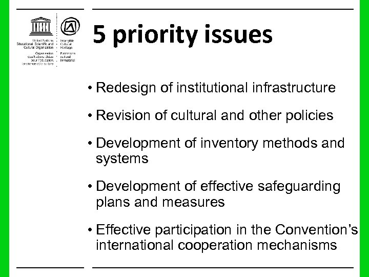 5 priority issues • Redesign of institutional infrastructure • Revision of cultural and other