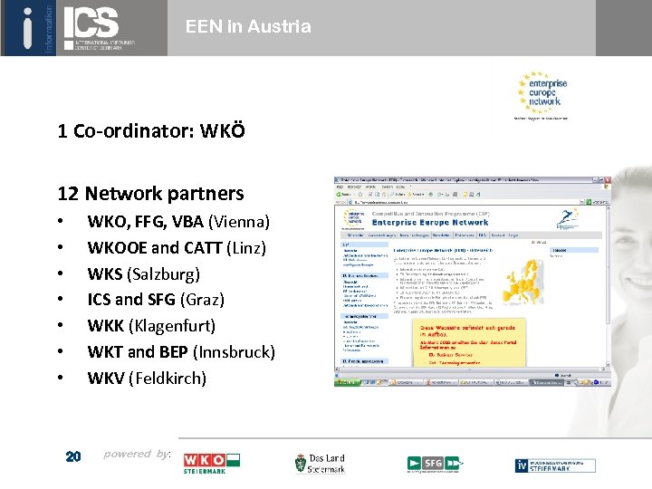EEN in Austria 1 Co-ordinator: WKÖ 12 Network partners WKO, FFG, VBA (Vienna) WKOOE