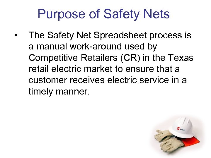 Purpose of Safety Nets • The Safety Net Spreadsheet process is a manual work-around