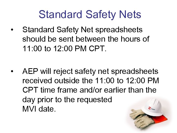 Standard Safety Nets • Standard Safety Net spreadsheets should be sent between the hours