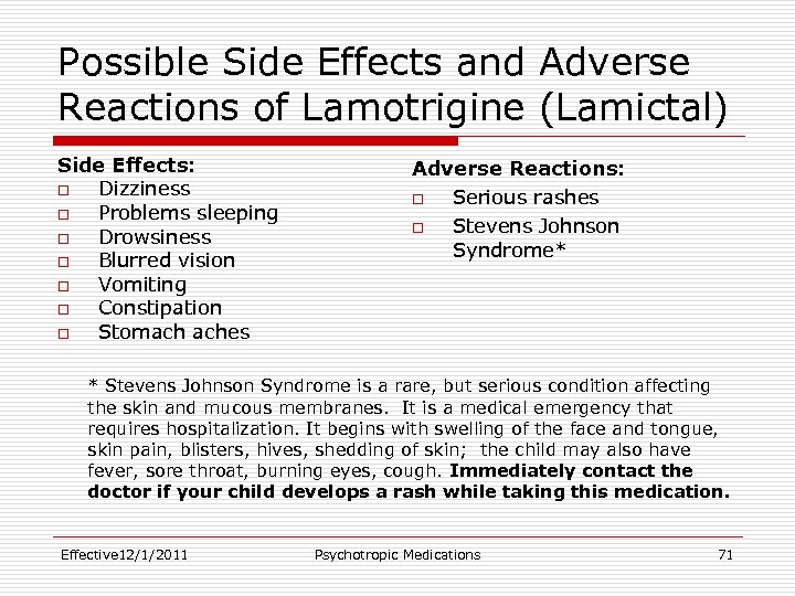 Possible Side Effects and Adverse Reactions of Lamotrigine (Lamictal) Side Effects: o Dizziness o