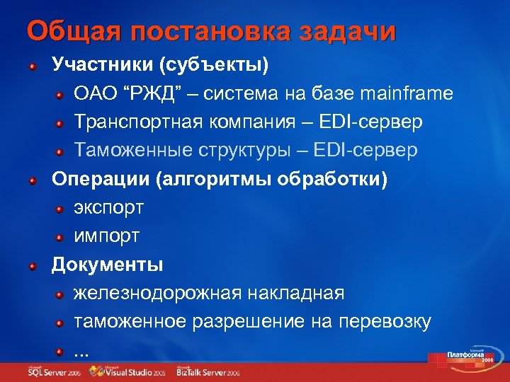 Общая постановка задачи Участники (субъекты) ОАО “РЖД” – система на базе mainframe Транспортная компания