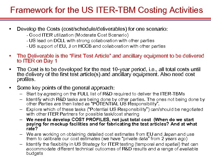  Framework for the US ITER-TBM Costing Activities • Develop the Costs (cost/schedule/deliverables) for