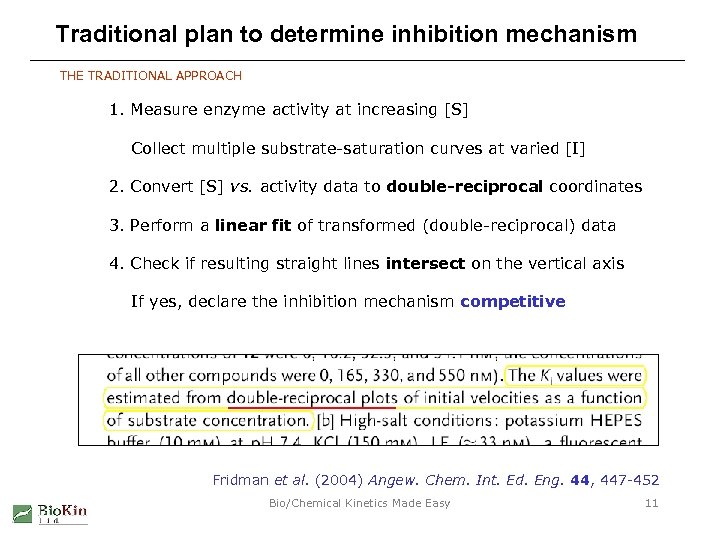 Traditional plan to determine inhibition mechanism THE TRADITIONAL APPROACH 1. Measure enzyme activity at