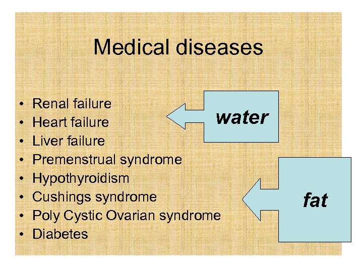 Medical diseases • • Renal failure water Heart failure Liver failure Premenstrual syndrome Hypothyroidism