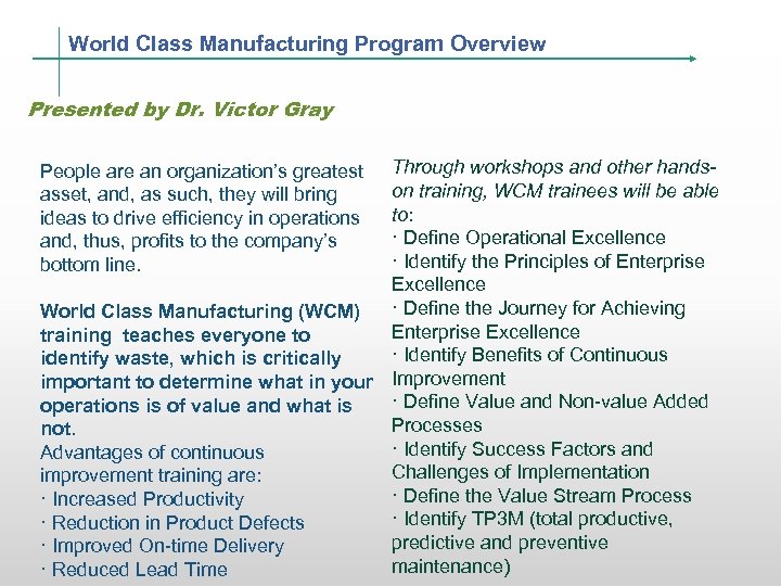 World Class Manufacturing Program Overview Presented by Dr. Victor Gray Through workshops and other