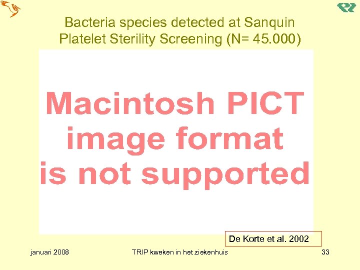 Bacteria species detected at Sanquin Platelet Sterility Screening (N= 45. 000) De Korte et