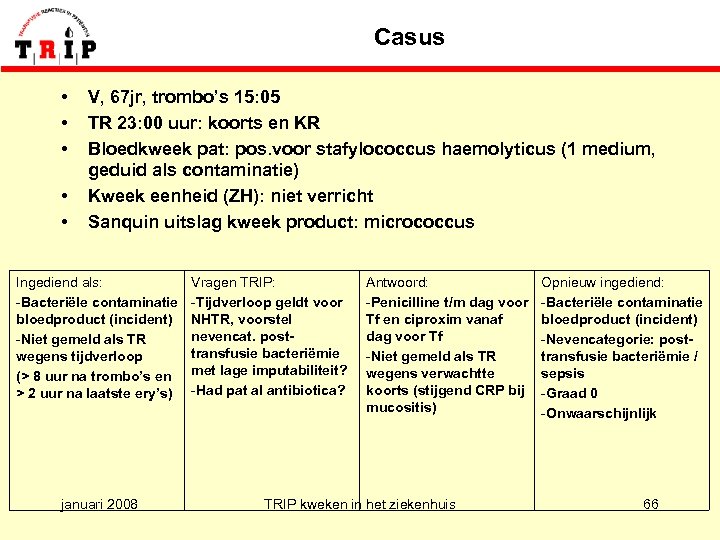 Casus • • • V, 67 jr, trombo’s 15: 05 TR 23: 00 uur: