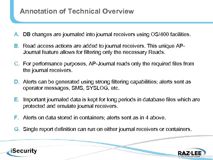 Annotation of Technical Overview A. DB changes are journaled into journal receivers using OS/400