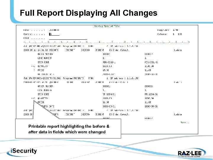 Full Report Displaying All Changes Printable report highlighting the before & after data in
