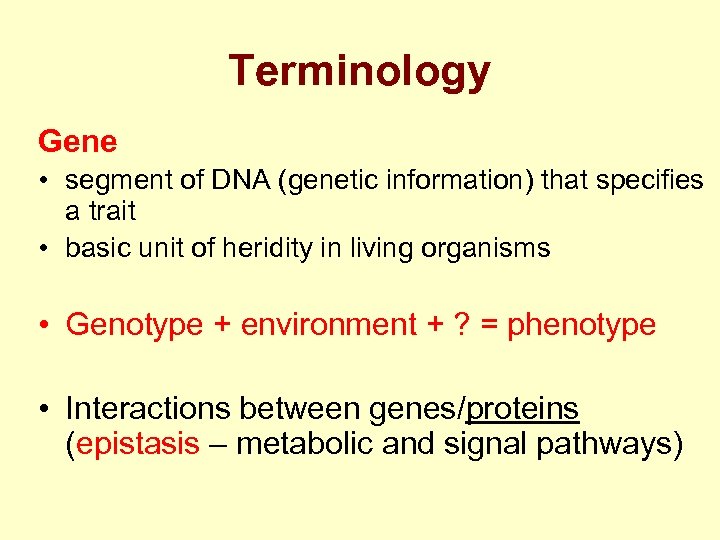 Terminology Gene • segment of DNA (genetic information) that specifies a trait • basic