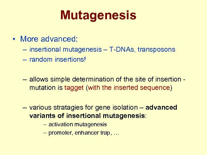 Mutagenesis • More advanced: – insertional mutagenesis – T-DNAs, transposons – random insertions! –
