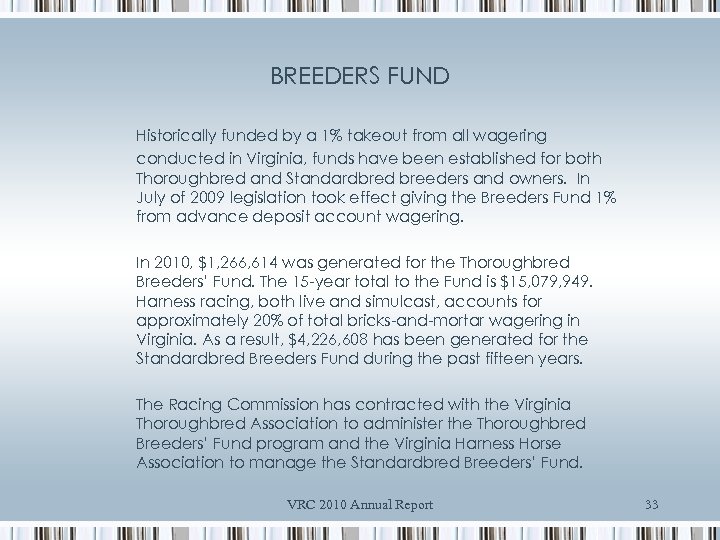 BREEDERS FUND Historically funded by a 1% takeout from all wagering conducted in Virginia,