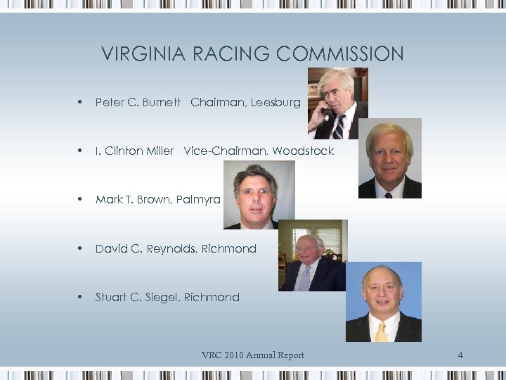 VIRGINIA RACING COMMISSION • Peter C. Burnett Chairman, Leesburg • I. Clinton Miller Vice-Chairman,