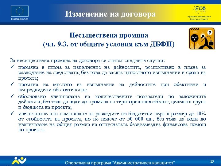Изменение на договора Несъществена промяна (чл. 9. 3. от общите условия към ДБФП) За