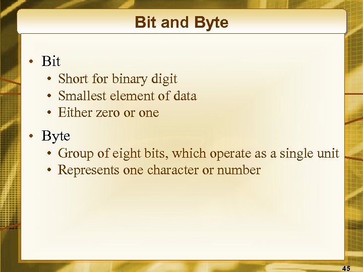 Bit and Byte • Bit • Short for binary digit • Smallest element of