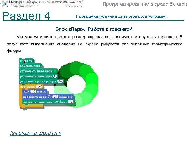 Программирование в среде Scratch Раздел 4 Программирование диалоговых программ. Блок «Перо» . Работа с