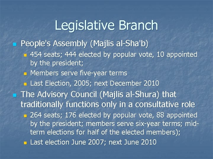 Legislative Branch n People's Assembly (Majlis al-Sha'b) n n 454 seats; 444 elected by