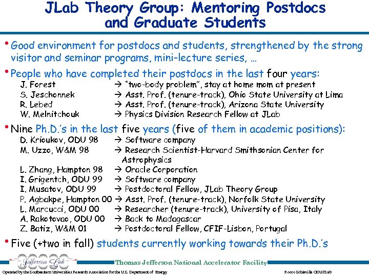 JLab Theory Group: Mentoring Postdocs and Graduate Students • Good environment for postdocs and