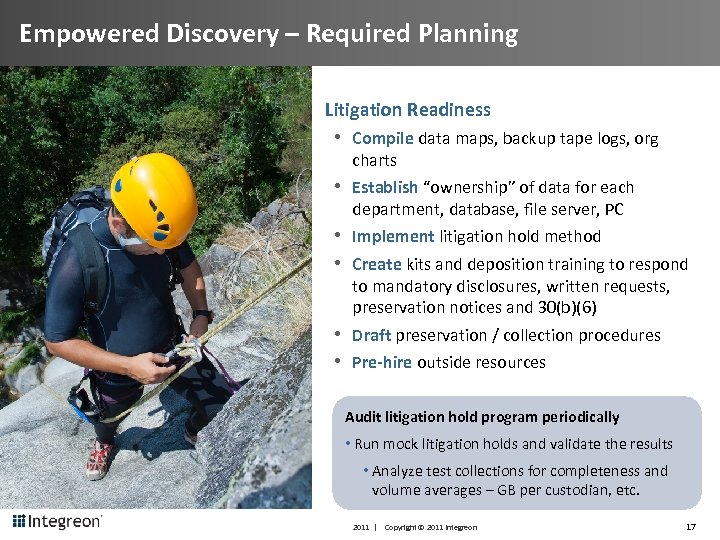 Empowered Discovery – Required Planning Litigation Readiness • Compile data maps, backup tape logs,