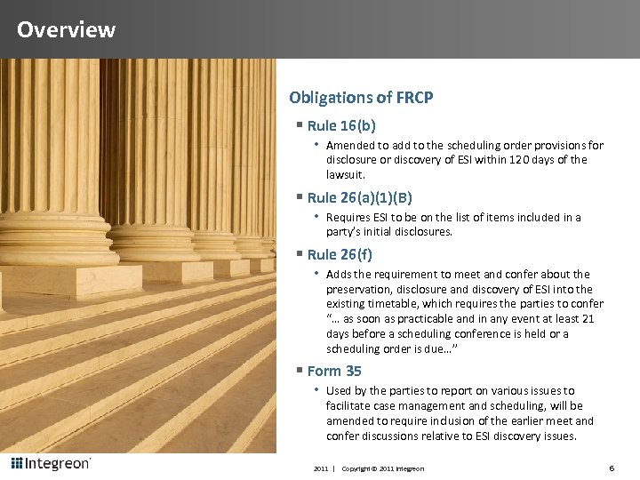 Overview Obligations of FRCP § Rule 16(b) • Amended to add to the scheduling