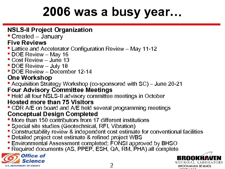 2006 was a busy year… NSLS-II Project Organization • Created – January Five Reviews