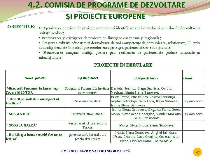 4. 2. COMISIA DE PROGRAME DE DEZVOLTARE ŞI PROIECTE EUROPENE OBIECTIVE: § Organizarea comisiei