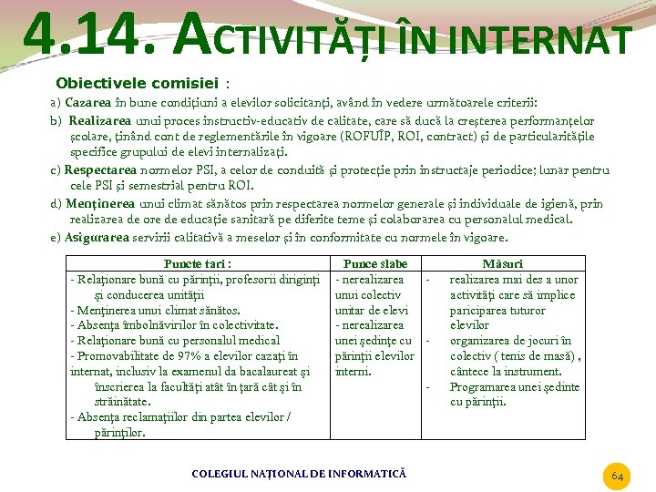 4. 14. ACTIVITĂȚI ÎN INTERNAT Obiectivele comisiei : a) Cazarea în bune condiţiuni a