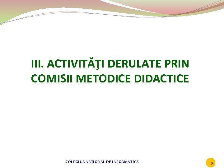 III. ACTIVITĂŢI DERULATE PRIN COMISII METODICE DIDACTICE COLEGIUL NAŢIONAL DE INFORMATICĂ 9 