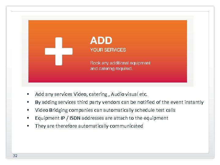  • • • 32 Add any services Video, catering , Audio visual etc.