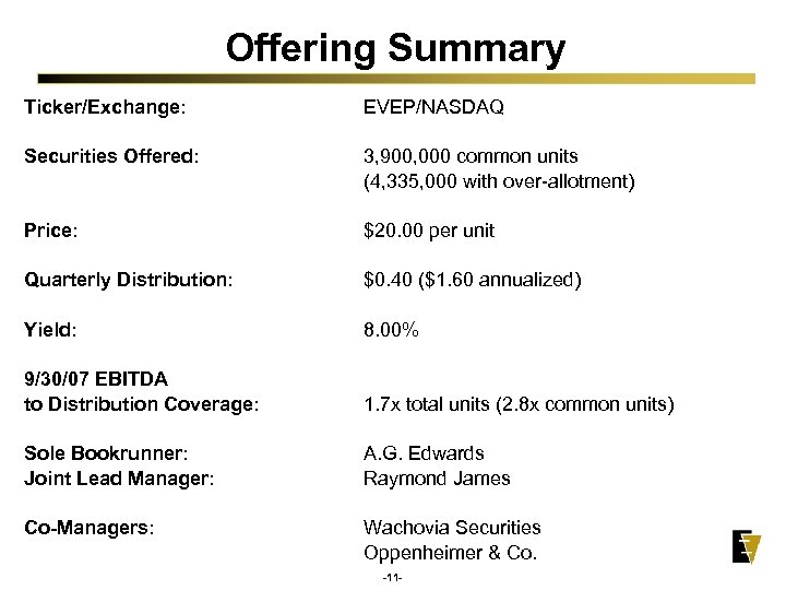 Offering Summary Ticker/Exchange: EVEP/NASDAQ Securities Offered: 3, 900, 000 common units (4, 335, 000