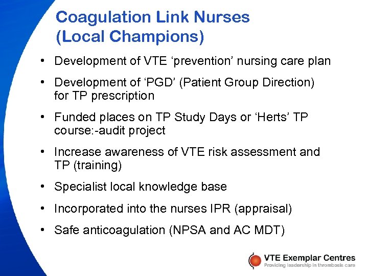 Coagulation Link Nurses (Local Champions) • Development of VTE ‘prevention’ nursing care plan •