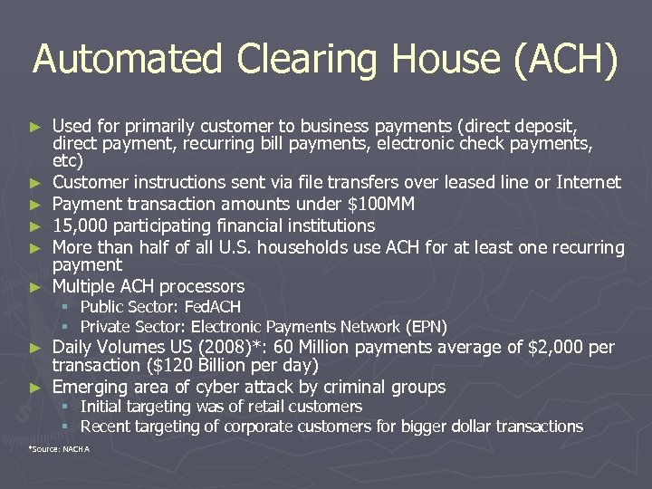 Automated Clearing House (ACH) ► ► ► Used for primarily customer to business payments