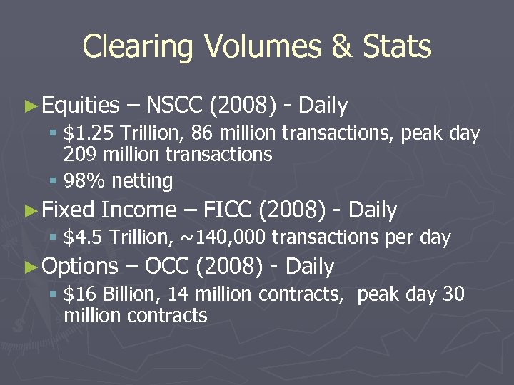 Clearing Volumes & Stats ► Equities – NSCC (2008) - Daily § $1. 25