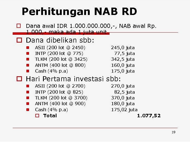 Perhitungan NAB RD o Dana awal IDR 1. 000, -, NAB awal Rp. 1.